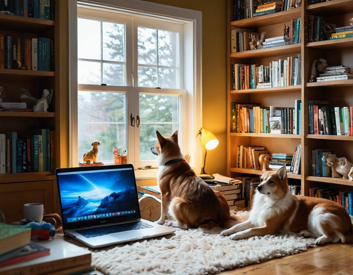 A cozy, inviting scene featuring a person typing on a laptop with their playful pet by their side, surrounded by colorful pet-themed decorations. Include a vibrant bookshelf filled with pet care books and a light streaming in through a window. The atmosphere should feel warm and friendly, capturing the essence of storytelling and connection. super-realistic. vibrant colors. soft focus.