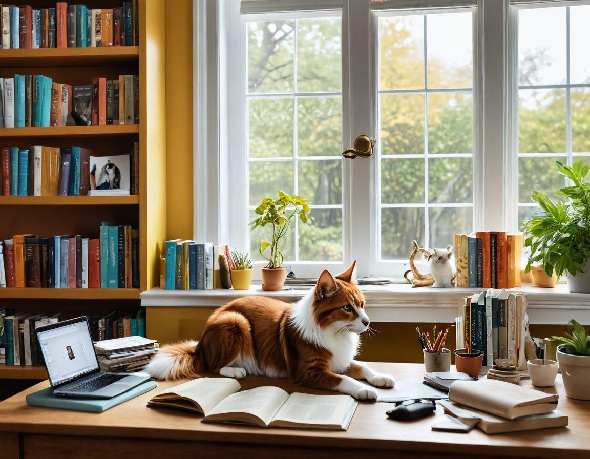 A cozy home study filled with pet-themed decor, showcasing a person passionately writing at a desk with a laptop, surrounded by playful pets like a cat and a dog. Bright, inviting colors and a bookshelf full of pet care books in the background. A warm, welcoming atmosphere with soft natural light filtering through a window, enhancing the sense of creativity and connection to pets. super-realistic. vibrant colors. 3D.