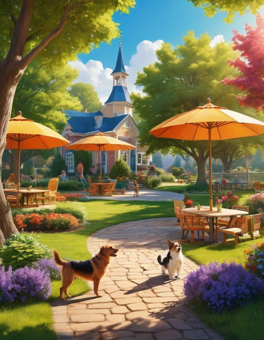 An inviting and colorful pet community scene featuring diverse pet owners interacting with various animals, including dogs, cats, birds, and rabbits in a sunny park setting. Include playful elements like dog agility courses, a cat tree, and socializing areas with umbrellas and cheerful decorations. Capture a sense of community and joy using vibrant colors and expressions of happiness on the characters' faces. super-realistic. vibrant colors. sunny atmosphere.